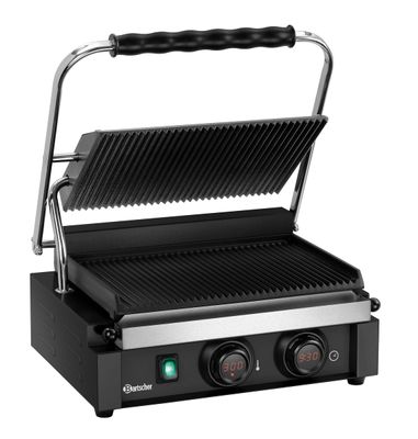 Produktbild von Bartscher Panini-MDI Kontaktgrill 1R – 2,2 KW, Gusseisenplatten Gerillt, MDI-Steuerung, Timer, 50–300°C, Gastro-Qualität